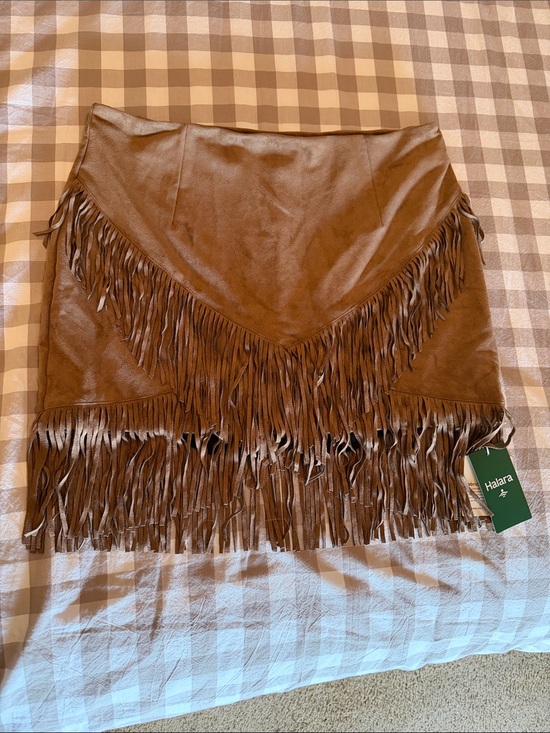 HALARA Dresses & Skirts - HALARA Tan Suede-Look Fringe Mini Skirt